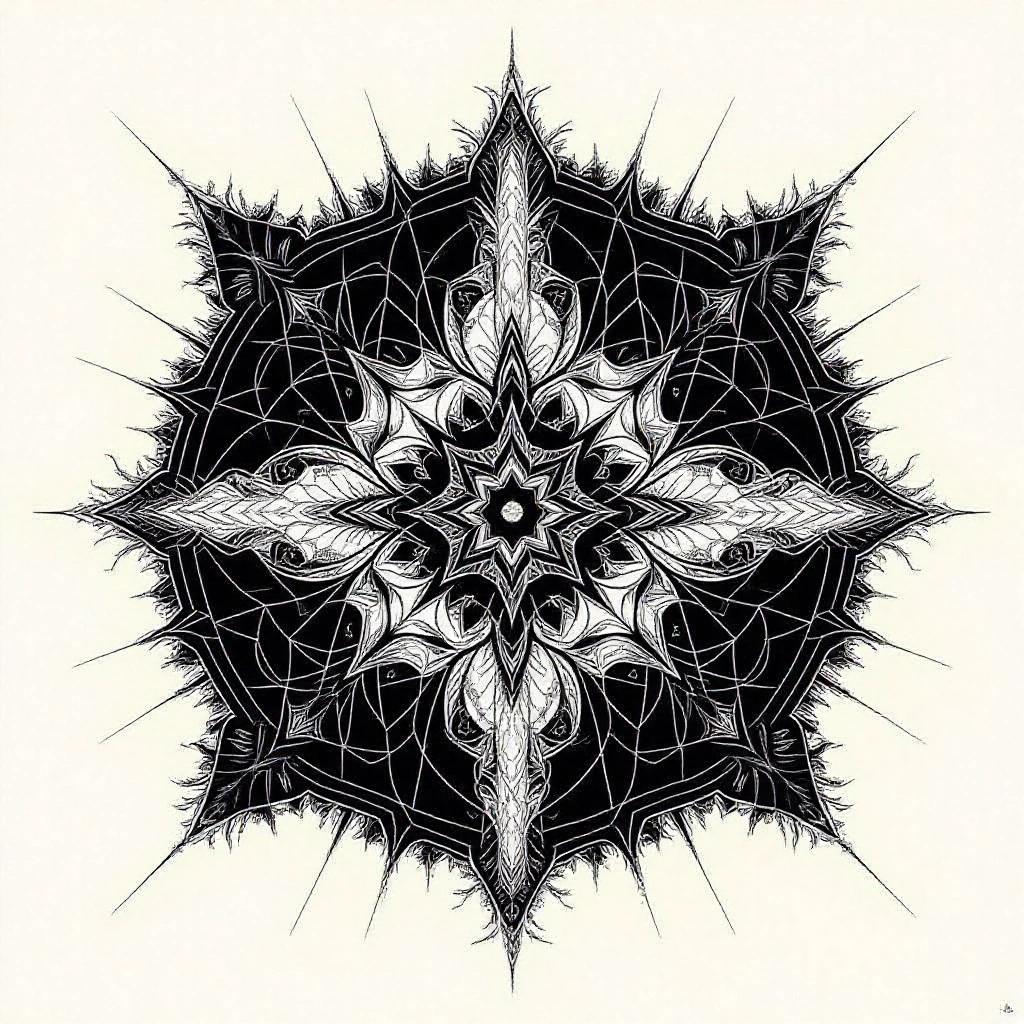 Intricate black and white mandala design with edgy and urban influences. Geometric pattern features sharp lines and floral elements.