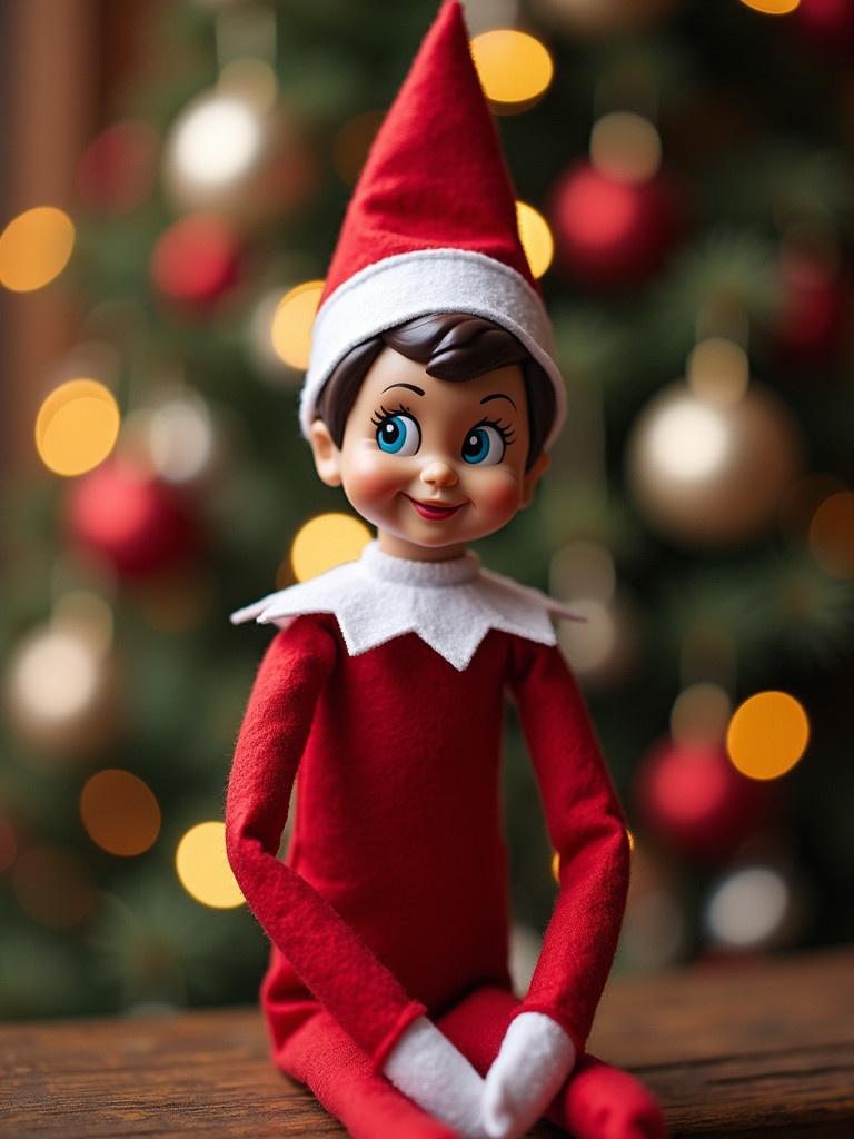 Elf toy wearing a red outfit and hat sitting in front of a Christmas tree with lights and decorations.