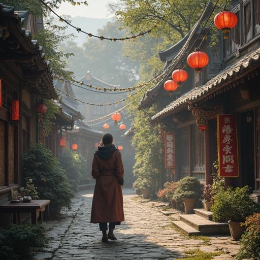 Scene in a traditional street with a character walking among lanterns. Cobblestone path lined with buildings. Soft lighting creates a warm ambiance.