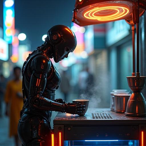 Cyborg chaiwala serves steaming tea from high-tech cart in neon-lit Mumbai street
