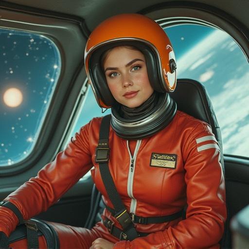 A retro sci-fi girl piloting a spaceship wearing a 1960s-inspired space suit. The suit features bold colors and a bubble helmet. Cosmic stars and asteroids visible through the cockpit window.