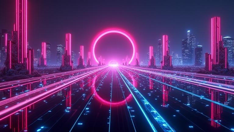 Futuristic city landscape with neon lights. A large glowing circle and tall structures reflect on a shiny pathway. Theme is Techno Trance.