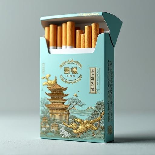 Hyper realistic close up of Huanghelou cigarette box on light cyan surface with intricate golden crane and ancient building details. Clear Chinese text on box includes brand and health tips. Cigarettes featured have delicate golden filters. Soft light gray backdrop emphasizes fine print and material feel.