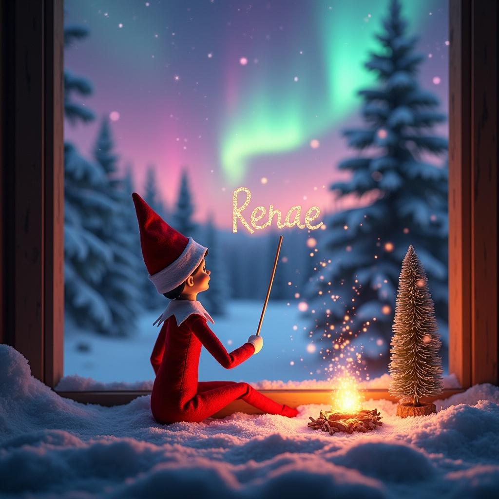 A classic red elf on the shelf stands in a snowy forest, using a magical wand to write 'Renae' in the night sky. Snowflakes swirl gently around the elf, creating a magical atmosphere. The background features the northern lights glowing in pink, purple, and turquoise, enhancing the festive spirit. Nearby, a small campfire casts a warm glow, illuminating the scene. A beautifully decorated Christmas tree adds to the charm, its branches covered in snow. The elf's outfit is adorned with a bright red hue and fluffy white trim, capturing the essence of Christmas.