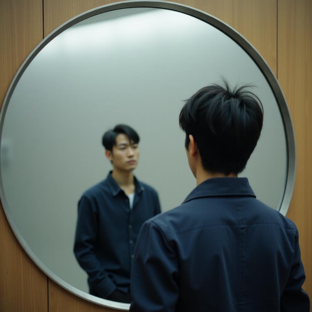 A young Japanese man stands in front of a large spheric mirror. His image is captured as a blurry reflection due to the mirror's curvature. He wears casual attire and appears contemplative. The setting is minimalistic with warm wooden textures. The soft lighting enhances the calm ambiance around him.