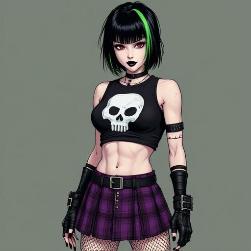 Muscular gothic woman with short black hair and green highlight. Makeup includes black eyeliner and lipstick with red eyes. Wearing a midriff baring tank top with a white skull design. Outfit features a purple plaid skirt and elbow length fishnet gloves. Accessories include black nail polish and steel toe combat boots.
