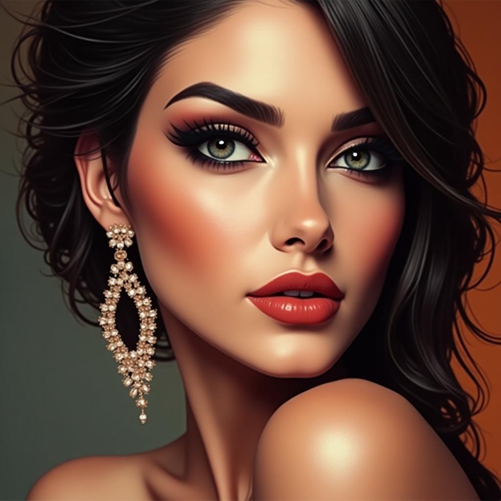 A digitally rendered portrait of a glamorous woman. She has striking makeup and elegant earrings. The background color contrasts her appearance.