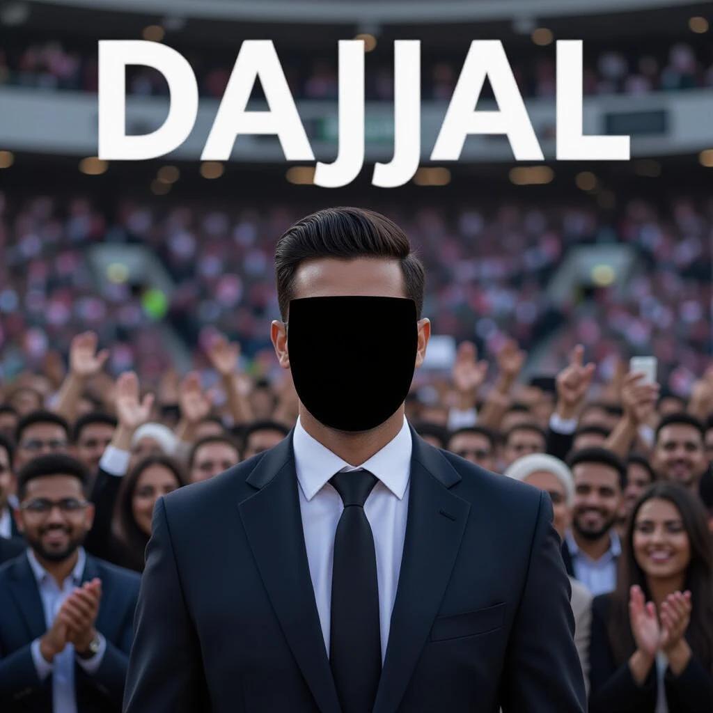 Text Dajjal at the top Man in a suit stands confidently Thousands of cheering people in the background