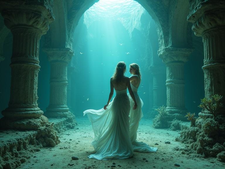 Two graceful mermaids dancing in an underwater ballroom. Their shimmering tails move elegantly in the soft light. The architecture features coral and shipwrecks. Surrounding schools of fish and marine flora add to the scene. The water is clear and blue-green. An atmosphere of romantic beauty and grandeur envelops the image.
