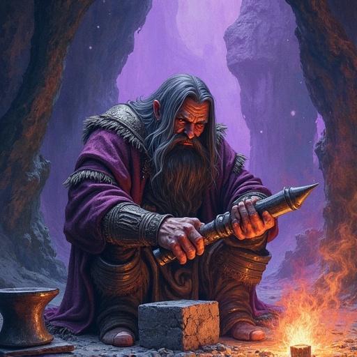 Watercolor artwork of Kherab, the dwarven artificer. Deep in dark caves near a forge, the dwarf hammers steel while muttering. A purple aura surrounds his twisted form, illuminating the darkness.