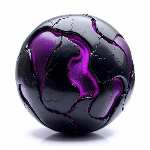 Sphere-shaped object with dark metallic surface and glowing purple accents. The surface is reflective. Highly detailed futuristic sphere with organic patterns. Abstract design resembles alien biotechnology. Illuminated with highlights against white background. Hyper-realistic rendering with sharp details and textures. Sphere has subtle protrusions and indentations.