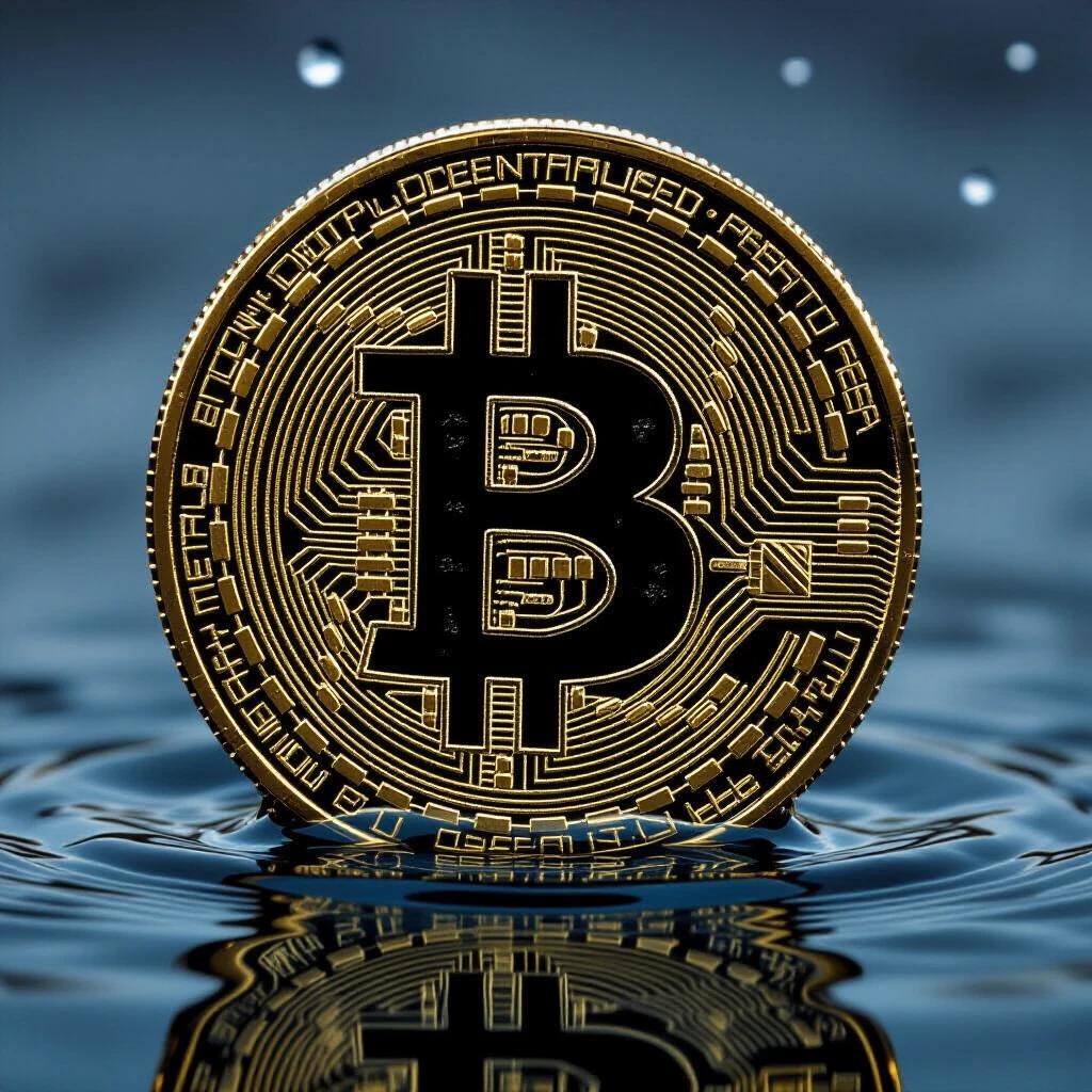 A single bitcoin coin prominently displayed standing up in water. The coin is glimmering in the light with a strong focus on the bitcoin symbol. Water ripples around the coin creating a dramatic and eye-catching appearance.