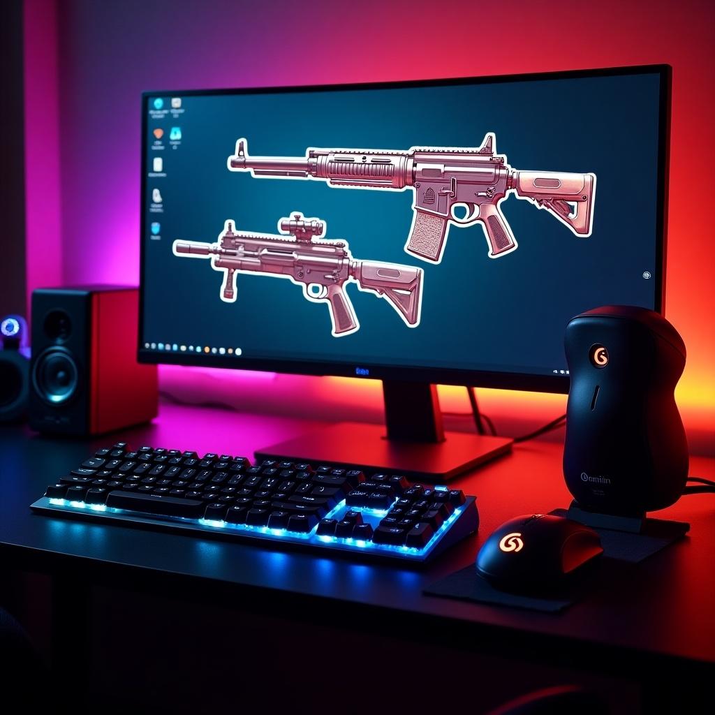 Sleek gaming setup features monitor displaying virtual weapon skins. Backlit keyboard and mouse on desk with colorful illuminated background.