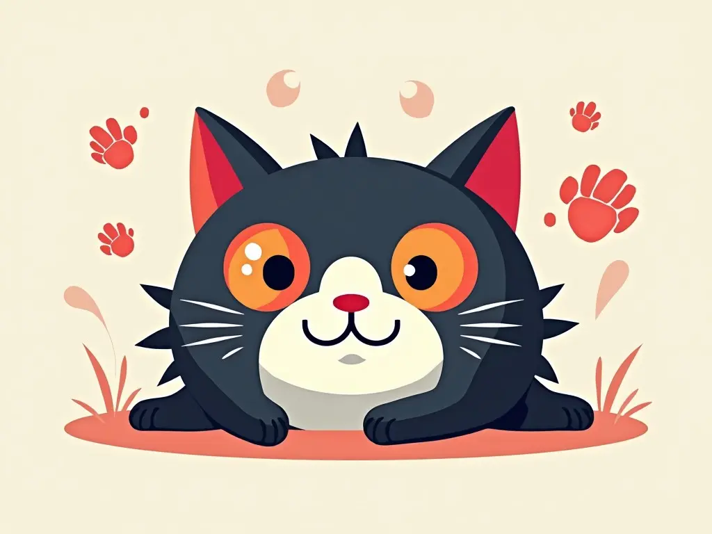 This image features a cartoonish black cat with exaggerated features. The cat has large, expressive orange eyes that catch attention. It has a friendly demeanor and a slight smile, lying down with its paws spread out. Surrounding the cat are playful red paw prints and abstract shapes that enhance its whimsical character. The overall color scheme is pastel with black, orange, and subtle hints of red and cream, giving it a vibrant yet soft appearance.