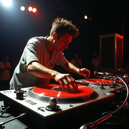 DJ performs on two turntables at the world DJ mixing championships. Focus on the DJ's hands manipulating the turntables. High energy scene with bright stage lights and audience in the background. The turntable setup is compact with the mixer positioned on the right side.