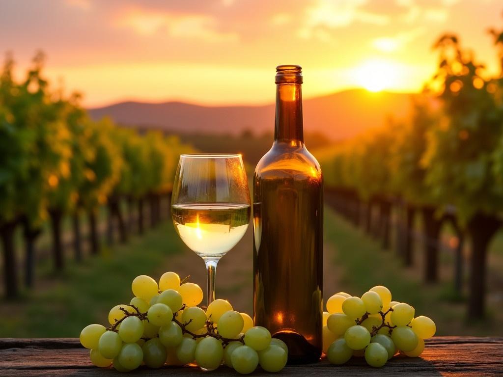 The image depicts a stunning sunset over a lush vineyard. In the foreground, there is a bottle of white wine without a label. Next to the bottle, a glass of white wine is elegantly filled, reflecting the warm tones of the sunset. In the background, rows of grapevines stretch towards the horizon, bathed in the golden light of the evening sky. Surrounding the bottle and glass are plump green grapes, adding to the inviting scene.