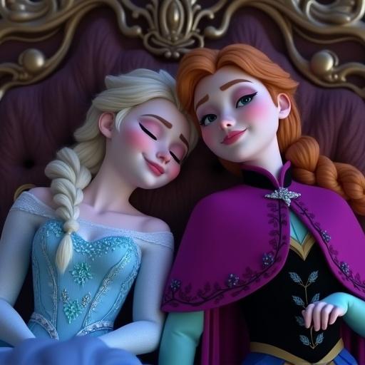 Anna and Elsa are snoring and sleeping together on the throne with their mouths open. Both of them are asleep.