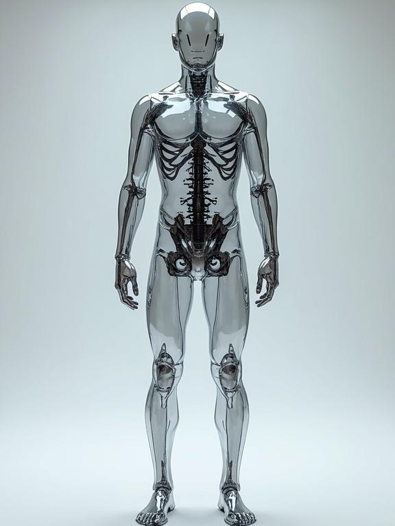 A transparent plastic figure of a man is shown from the front view. Details of the ribs, spine, and legs are visible. Soft white background ensures figure stands out.