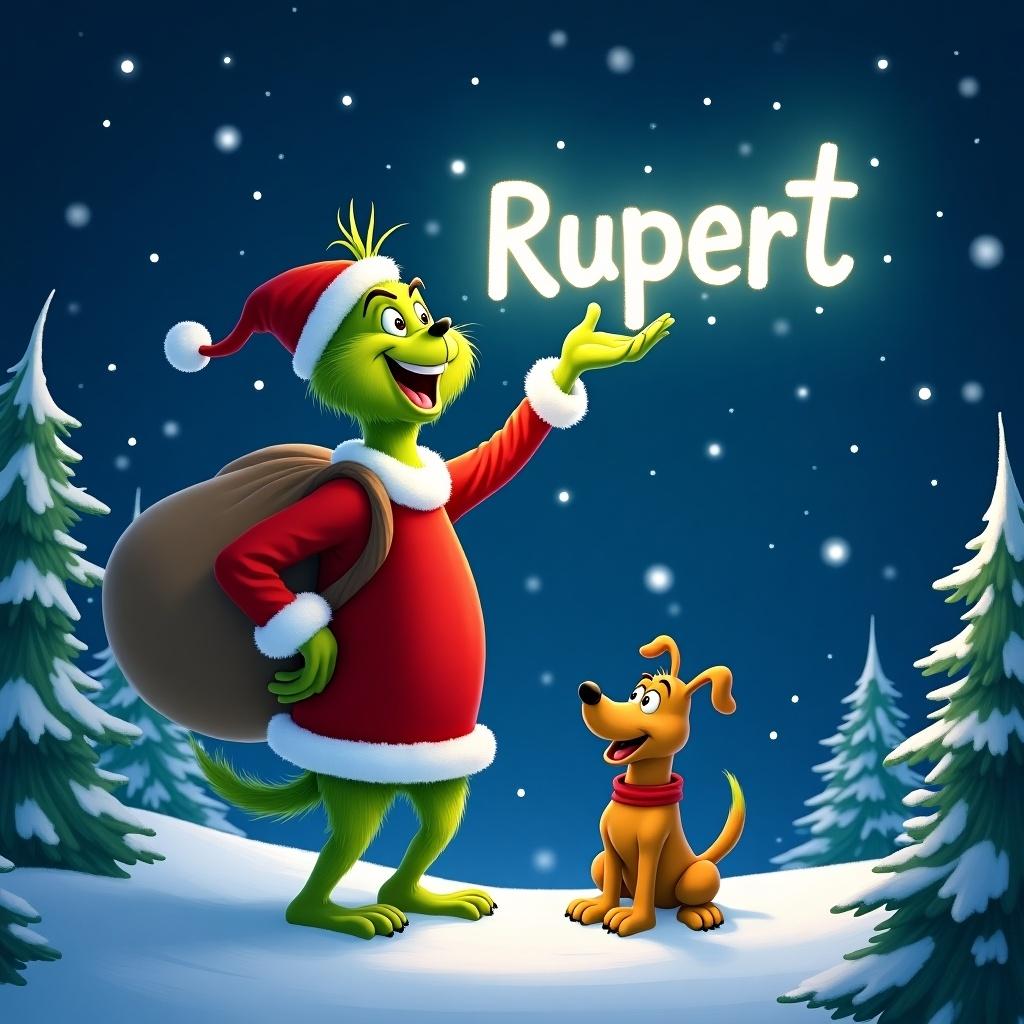 This image depicts an animated Grinch character immersed in a snowy landscape. Dressed in a festive red suit with white trim, he joyfully writes the name 'Rupert' in the night sky using a magical light. Accompanied by his cheerful dog Max, who watches in delight, they both stand in a picturesque winter scene. The backdrop features a starry night sky, with gentle snowflakes falling around them. Pine trees frame the scene, enhancing the enchanting winter wonderland aesthetic. The overall mood radiates festivity and cheer, resonating with the spirit of holiday celebrations.