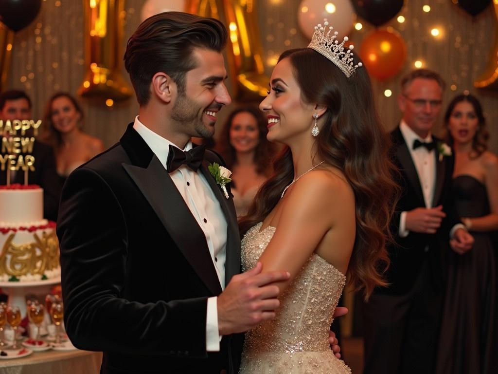 The image features a couple dressed elegantly at a celebration. The woman has a beautiful, sparkling gown with a crown, while the man is wearing a classic tuxedo with a bow tie. They are dancing closely, surrounded by a festive atmosphere. In the background, there are decorations celebrating the New Year, including a cake and vibrant balloons. The overall mood is joyful and romantic, capturing a special moment in a celebration.