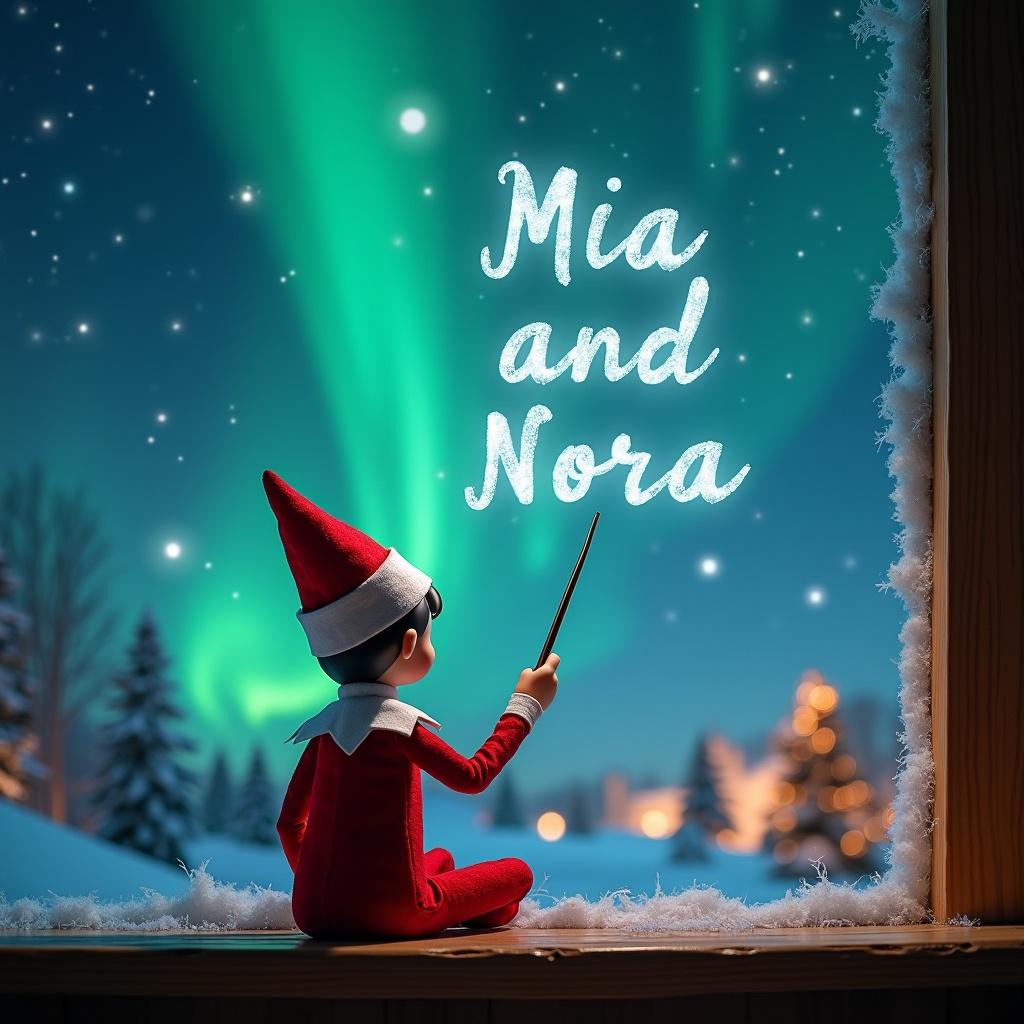 Elf character facing the sky. Writing 'Mia and Nora' in the air. Magical Christmas background. Northern lights visible. Cozy winter setting with soft snow. Santa figure in distance.