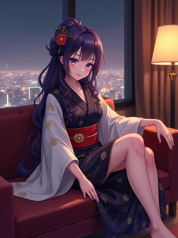 Full-body view of an elegant anime-style lady with dark violet hair styled in an updo secured with kanzashi hairpins. She has large violet eyes and a calm expression. Wears a luxurious kimono with white sleeves and gold floral patterns over a black base. Seated on a luxurious sofa in a high-end lounge with a panoramic city view at night. Warm ambient lighting creates a sophisticated atmosphere. Legs crossed in a relaxed pose.