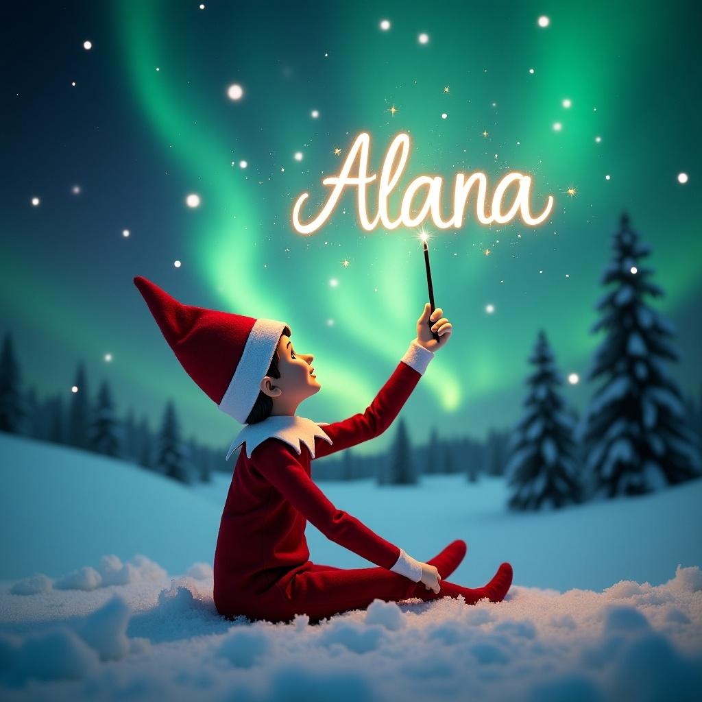 Elf on the shelf sitting in a snowy landscape writing Alana in the sky with a wand. Stunning northern lights in the background. The elf wears a red outfit. Whimsical holiday scene.