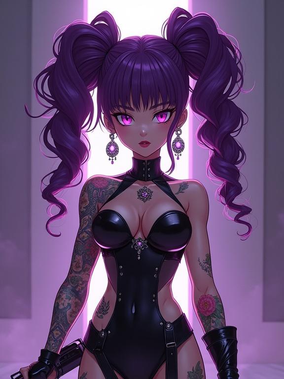 Anime woman in a luxurious training dojo wearing a sexy assassin bodysuit. Holding a grenade with a serious look. Body adorned with colorful tattoos and amethyst diamond jewelry. Displaying a muscular physique with unique features. Dominant colors are amethyst purple and black.