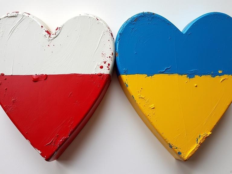 Hand crafted poster symbolizing Poland and Ukraine friendship. Two glossy hearts colored in state flags. Dynamic view and movement.