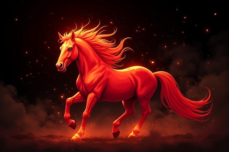 Abstract representation of a majestic red horse with fiery mane running through sparks on a dark background.