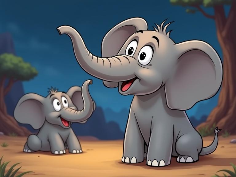 A cartoon scene featuring two elephants. The larger elephant looks surprised and is laughing. The background shows a vibrant jungle landscape with trees and a cheerful sky.