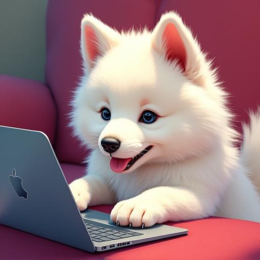 A Samoyed dog is tapping on a MacBook laptop with its paws. The scene is colorful and dynamic showing the blend of modern technology and canine companionship. This image represents skillful digital art combining realism and whimsy.