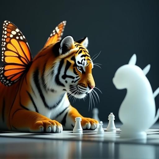 A tiger with butterfly wings plays chess against a translucent ghost. The scene showcases a chessboard with pieces. The tiger's vibrant colors contrast with the ghost's ethereal presence. Focus on creativity and imagination.