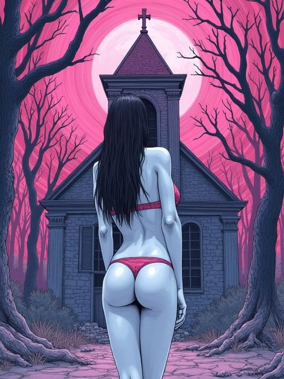 A limited-palette image of a young woman in a bikini in front of a dilapidated church. Swirling vortex of dying trees in the background. Overall tone is unsettling and grotesque. Junji Ito style pencils and Hirohiko Araki style inks.