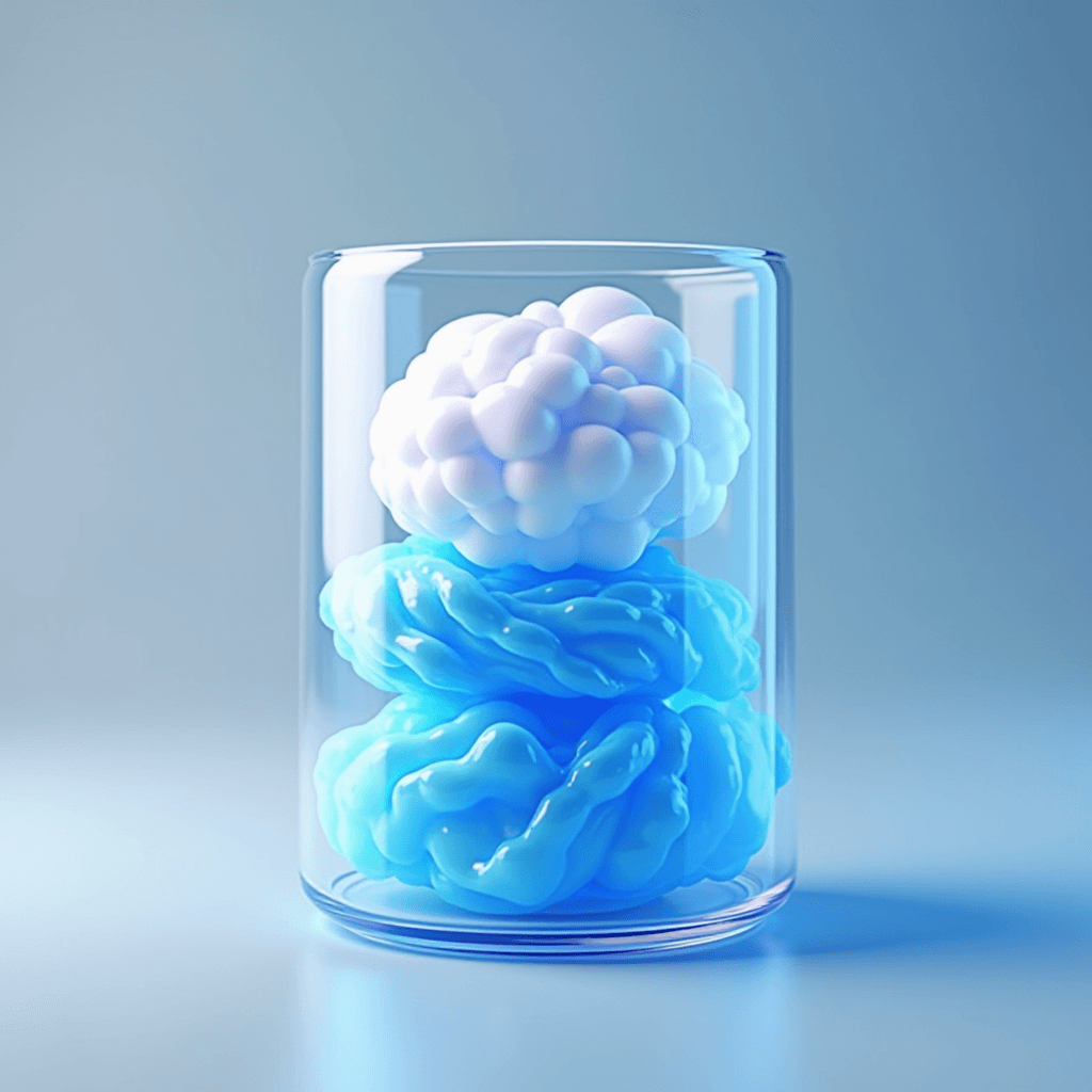 A vibrant 3D rendering of abstract biological blobs in a glass container.