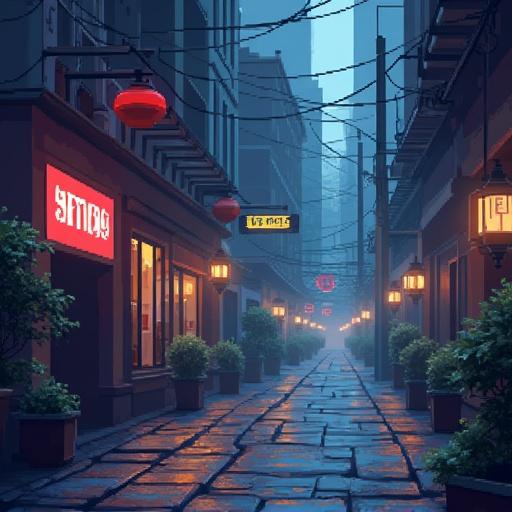 Pixel art of an urban alleyway shrouded in mist with warm yellow lanterns. Buildings line the sides with plants in pots. The atmosphere is nostalgic and cozy.