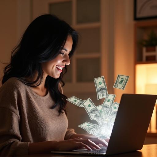 Image shows a Latina woman with black hair sitting in front of her laptop. She looks very happy and excited about selling products online. Her laptop screen displays an online store with money pouring out. The setting conveys comfort of home. The colors appear warm and photorealistic.