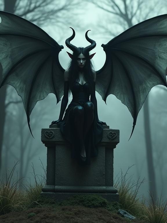 Succubus perched on a gravestone in a dark fantasy setting. Ethereal forest background complements the scene. The figure has bat-like wings and long dark hair.