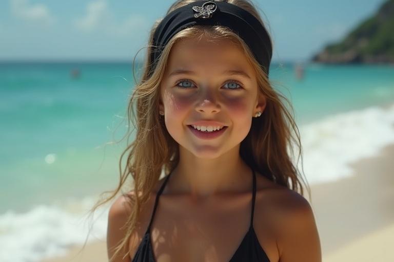 A girl with bright blue eyes wearing a black headband and black bikini stands on the beach. She has long hair with strands between her eyes and is smiling. The ocean and beach background are visible, capturing a vibrant summer atmosphere.