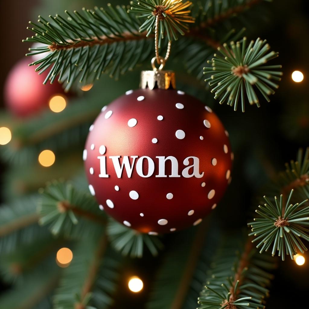 Close-up of a flat Christmas tree bauble decorated in red with white polka dots. The name 'iWONA' is written in white letters on the bauble. The decoration hangs on a green Christmas tree branch adorned with soft lights.