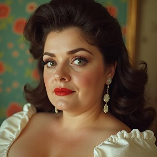 Beautiful chubby brunette wearing long hairstyle with diamond earrings. She has bright green eyes with long eyelashes. Intense gaze directed at the camera. Chubby figure shows wrinkles typical of a 60-year-old woman. Features highlighted in a medium shot against floral wallpaper.