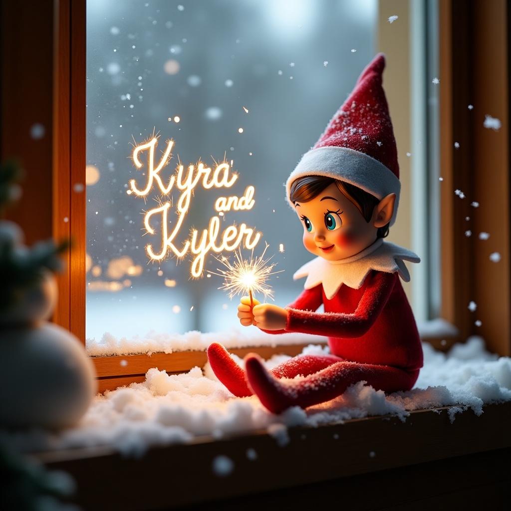 A cute elf on the shelf girl sits on a window ledge. She plays with a sparkler, writing the name 'Kyra and Kyler'. Snow falls gently outside. The ledge is adorned with soft snow. The elf wears a red and white outfit, creating a warm and inviting scene during the holiday season.