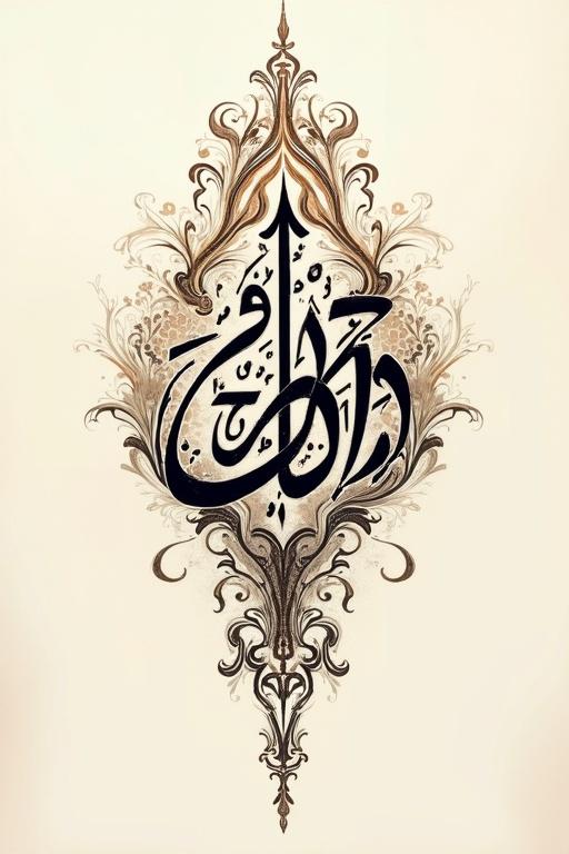 Create an elegant Diwani style calligraphy artwork. Emphasize intricate design elements. Showcase beauty of Arabic script. Include the words 'daw'alqamar' written in Arabic.