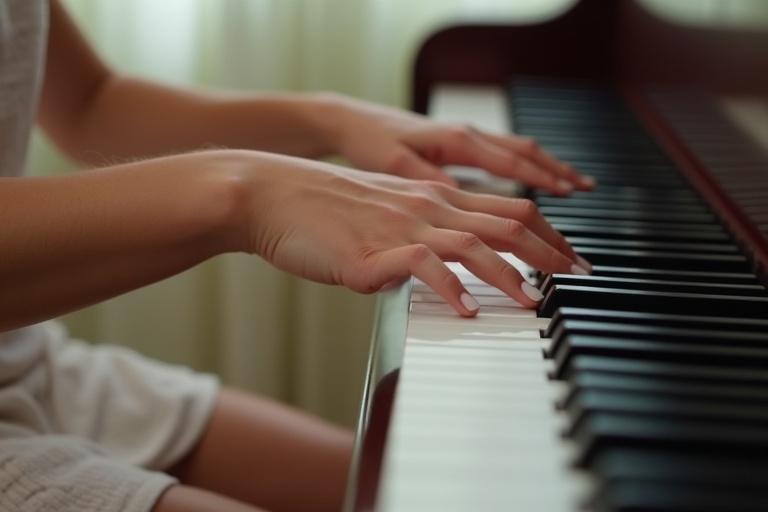 Close-up shot of a young woman's feet with white toenail polish positioned over piano keys. The scene captures feet while playing the piano. Soft natural light enhances details. Hands are not visible.