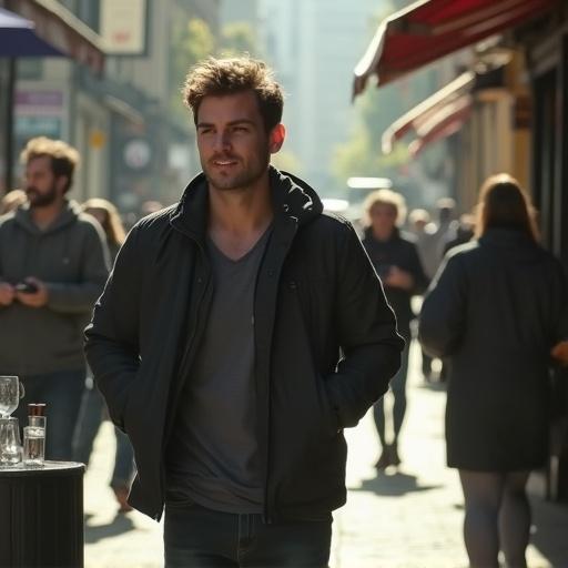 A poor quality photo of a man walking on a street. The image is grainy and poorly lit with a slightly off focus. The man is off-center, mid-motion, with blurred pedestrians in the background. The angle is tilted and the composition looks accidental.