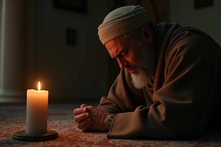 3D image of a spiritual figure in deep sujood within a quiet masjid. Tears on his face; dusty robe. Candlelight flickers beside him. Emotionally charged atmosphere.