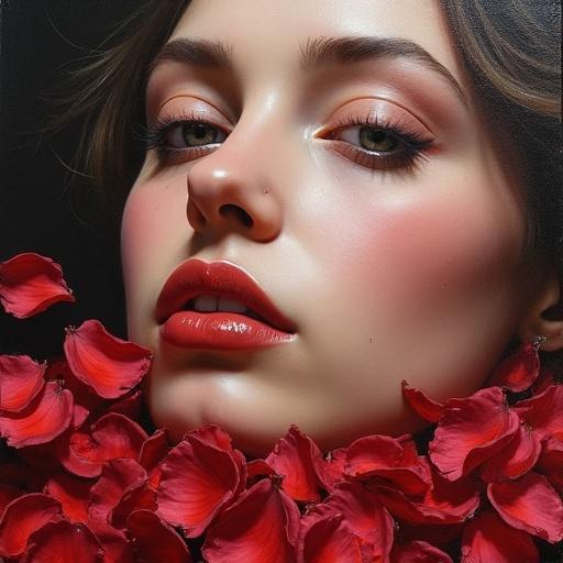 Close-up of a beautiful woman with fallen rose petals around her face. Only half of the woman's face is visible. The painting style uses thick but smooth strokes typical of oil on canvas. Some hairline cracks in the canvas are visible. Art style reminiscent of Dutch masters.