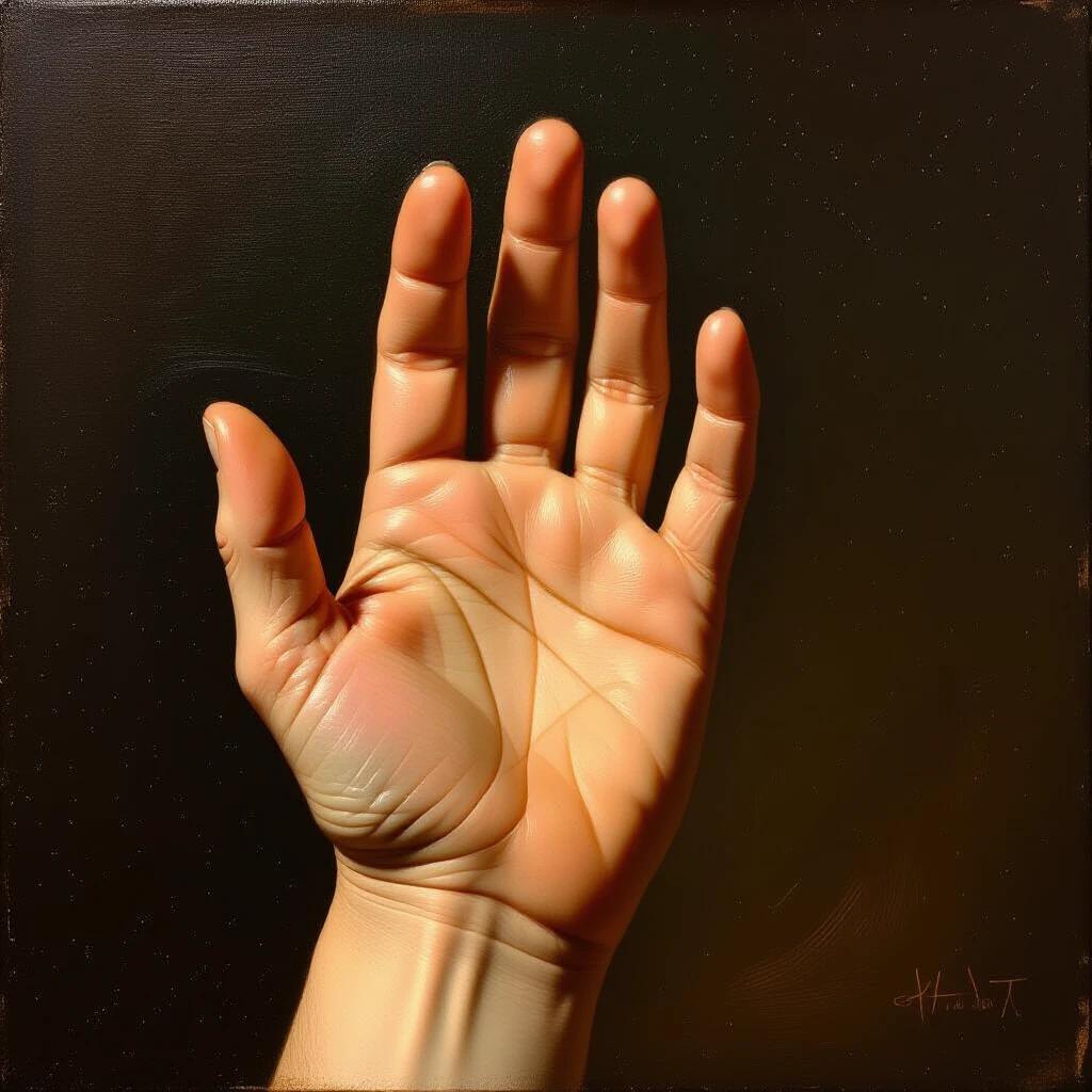 Very old oil painting depicts an open front view of a hand. The hand is detailed with realistic skin texture and natural shapes. The background is dark to contrast against the lighter hand.