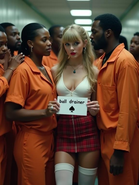 Scene in a prison with a woman in a tight white top and red plaid skirt holding a sign. She stands between two prisoners. The setting has a tense atmosphere.