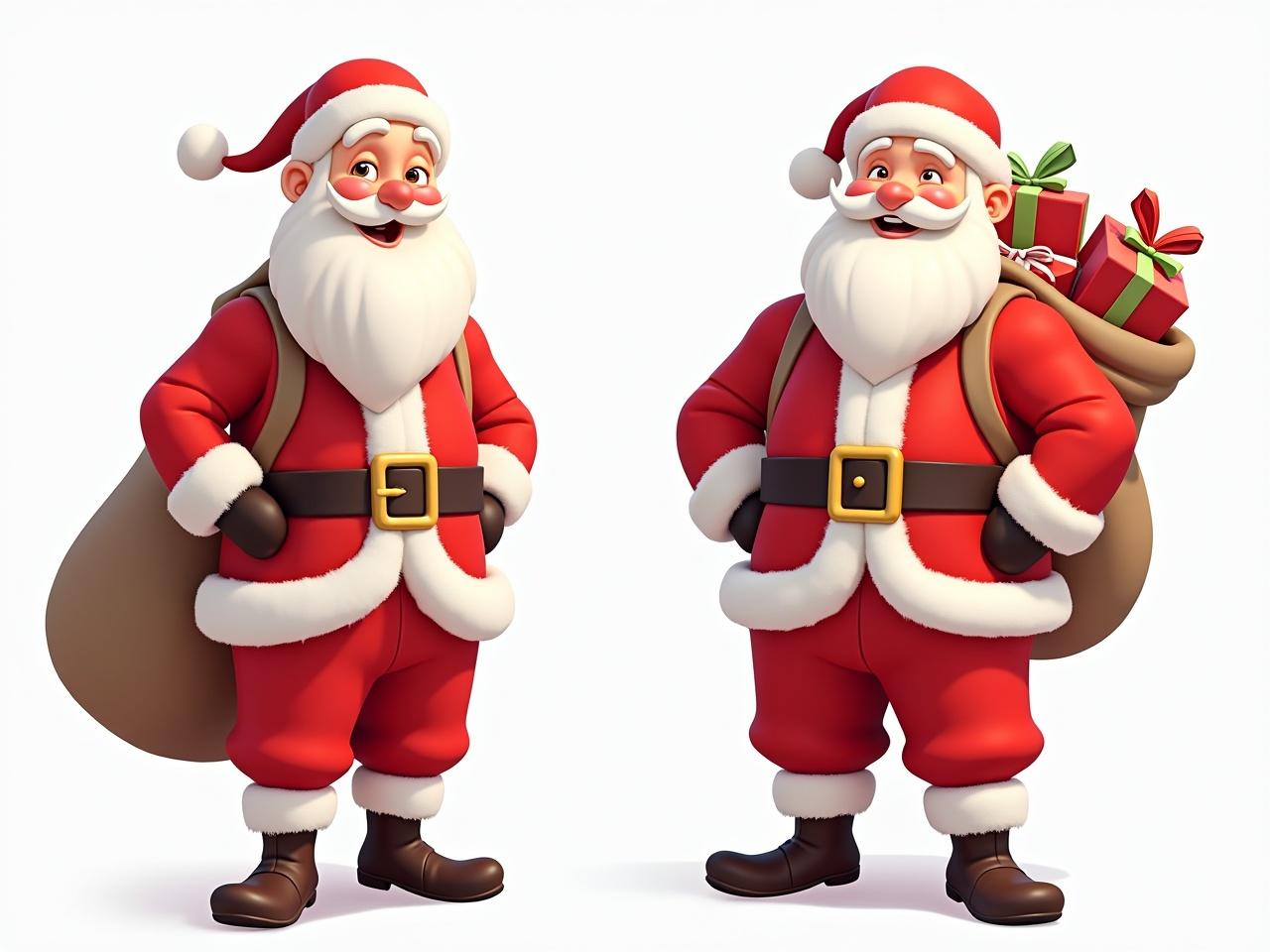 Imagine a character resembling Santa Claus, inspired by the person in the image. This Santa has a joyful expression and a friendly demeanor. He is dressed in a traditional Santa outfit, featuring a bright red coat and pants, complemented by white fur trim. The character has a white beard and carries a bag filled with gifts. The background is simple, allowing the vibrant red of the Santa outfit to stand out.